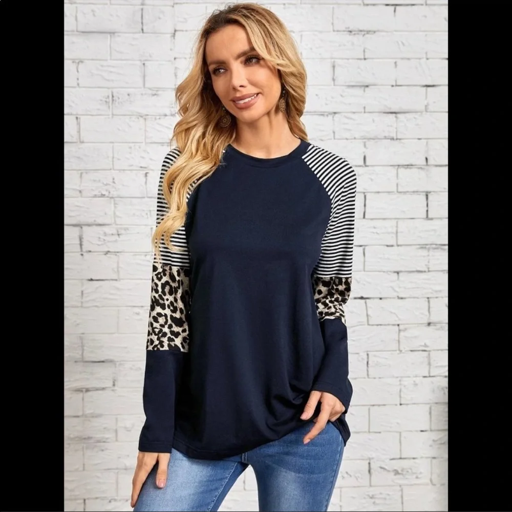 Leopard Striped Raglan Sleeve Tee - Picture 1 of 5